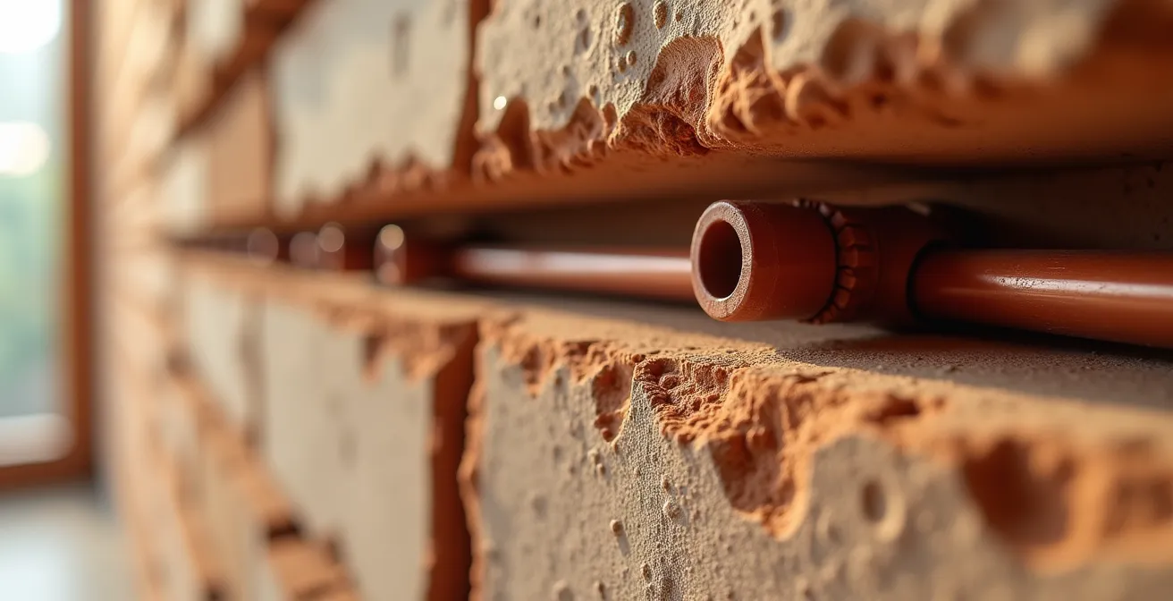 Detailaufnahme einer Lehmputzwand mit integrierter Wandheizung im Altbau