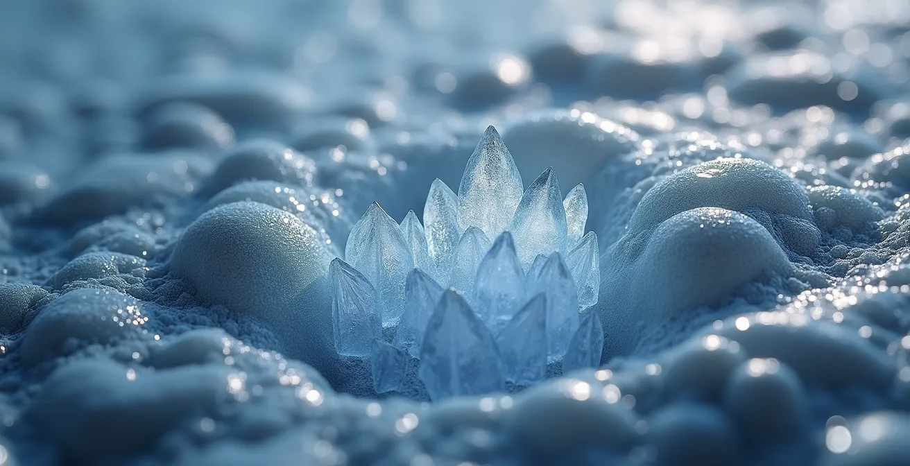 Makroaufnahme eines porösen Steins mit Eiskristallen in den Poren