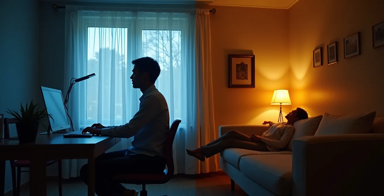 Visualisierung der Melatoninproduktion im Tag-Nacht-Rhythmus, die den Kontrast zwischen Tagesaktivität bei blauem Licht und abendlicher Entspannung bei warmem Licht zeigt.