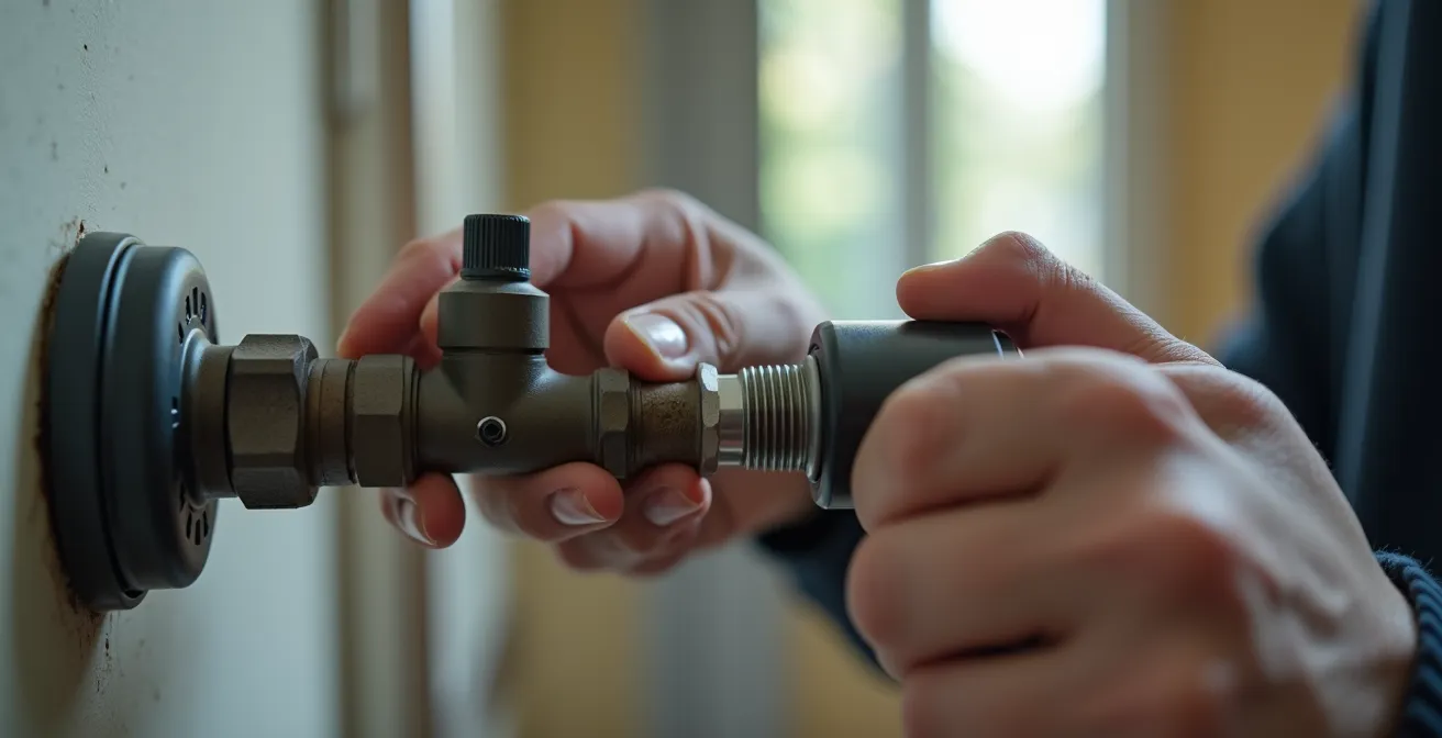 Nahaufnahme einer Hand beim Anbringen eines smarten Thermostats