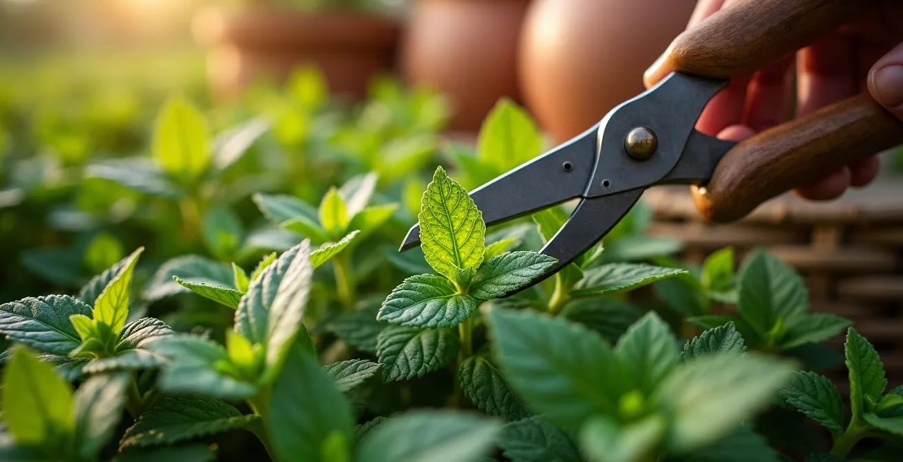 Morgendliche Minzernte mit Tautropfen für maximale ätherische Öle