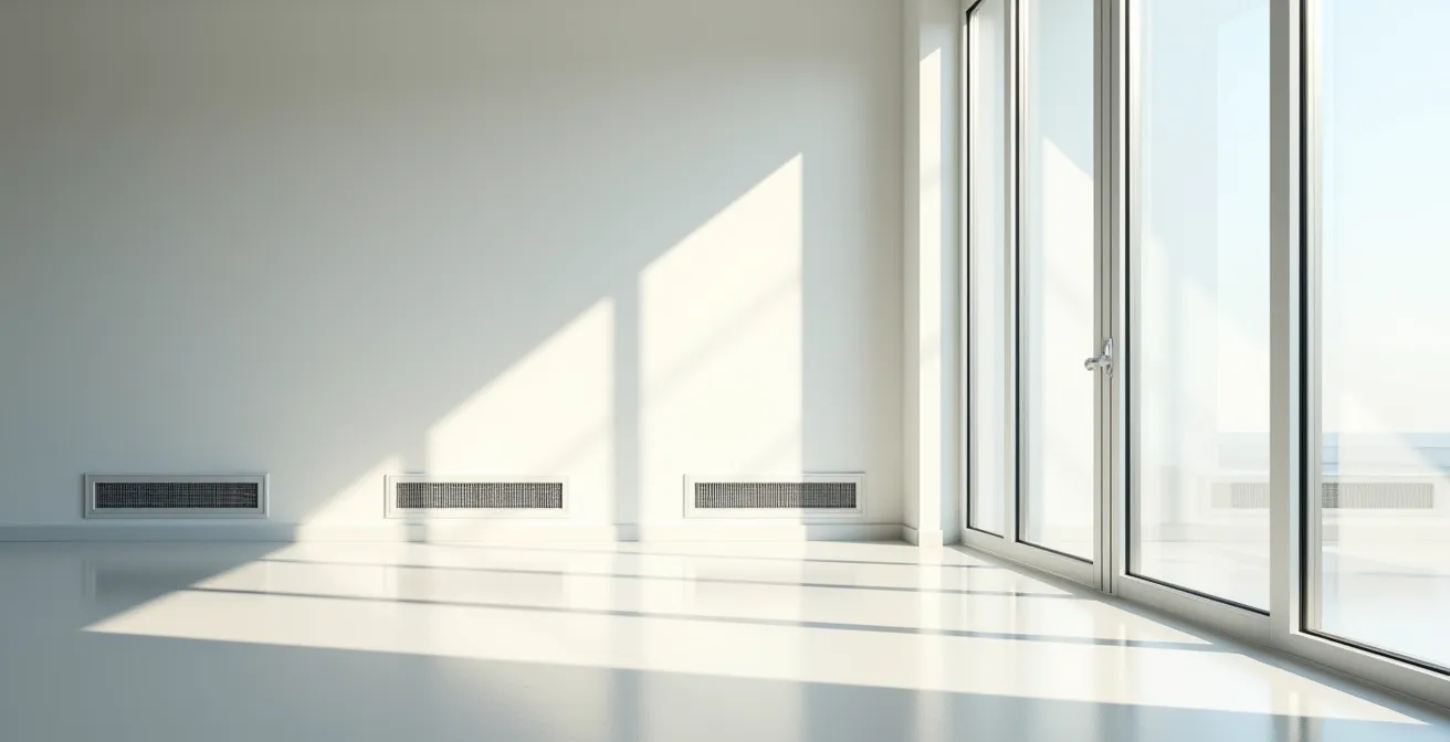 Innenansicht eines modernen Raumes mit großen Fenstern, die die dichte Gebäudehülle und die Notwendigkeit eines Lüftungskonzepts illustrieren.