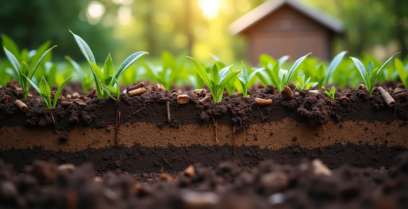 Querschnitt durch Mulchschicht zeigt Unkrautunterdrückung im Gartenbeet