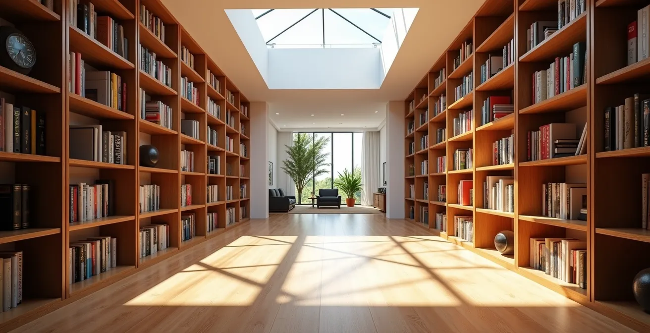 Flur als multifunktionale Bibliothek und Galerie gestaltet
