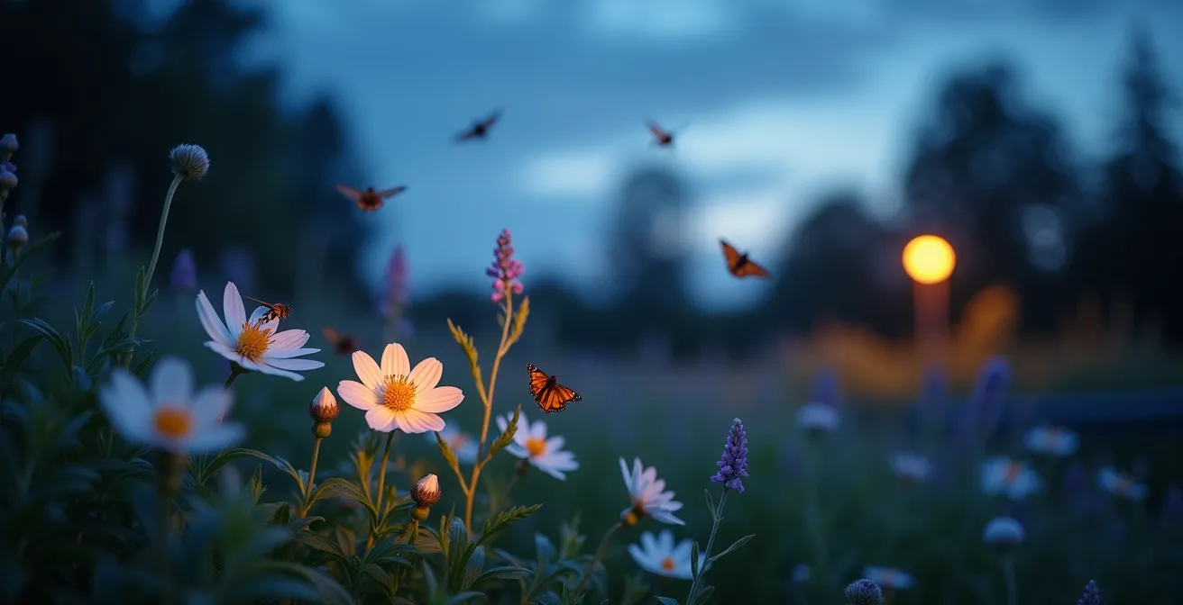 Nächtlicher Garten mit duftenden Nachtblühern für Nachtfalter und Fledermäuse