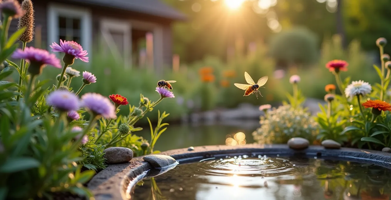 Vielfältiger Naturgarten mit Totholzhaufen, Wasserstelle und blühenden Wildstauden als Nützlingsparadies