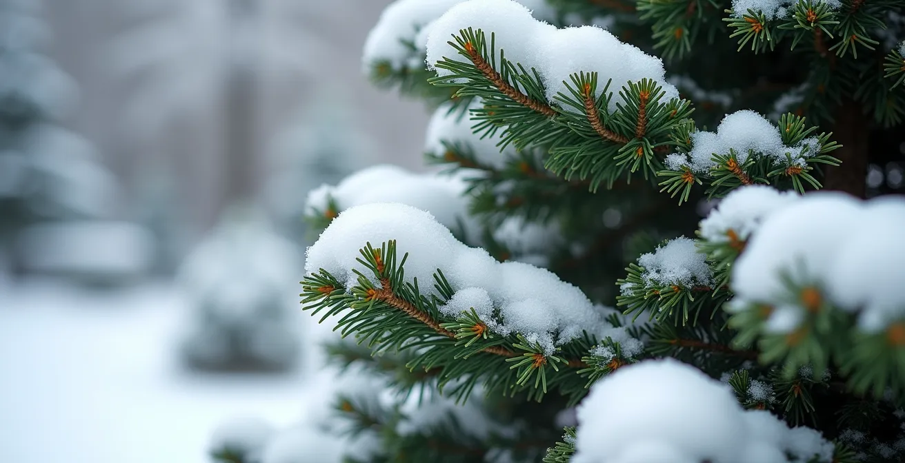 Pagodenschnitt an Eibe mit Schneeauflage im deutschen Mittelgebirgsgarten