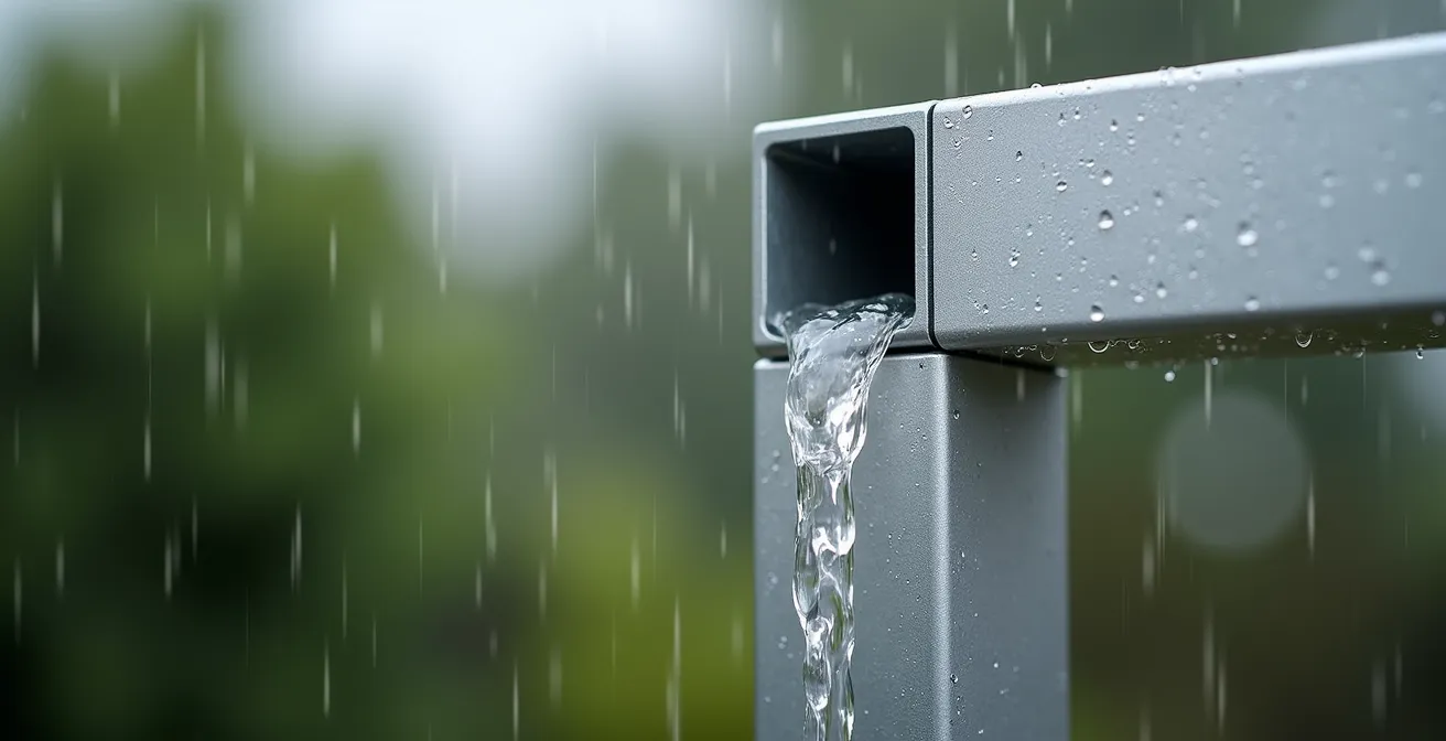 Detailaufnahme des integrierten Entwässerungssystems einer Lamellen-Pergola mit versteckten Rinnen
