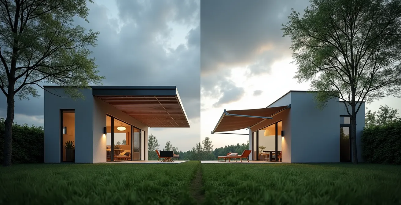 Vergleichsszene einer stabilen Pergola neben einer windanfälligen Markise bei stürmischem Wetter
