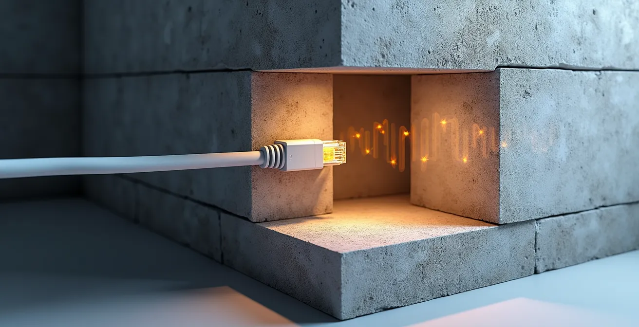 PoE-Ethernet-Kabel verlegt durch deutsche Massivbau-Wand mit Stahlbeton