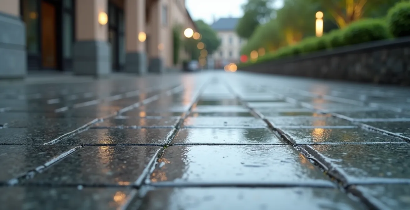Ein unsichtbarer Wasserfilm auf poliertem Granit, der im Licht schimmert und die Rutschgefahr visualisiert
