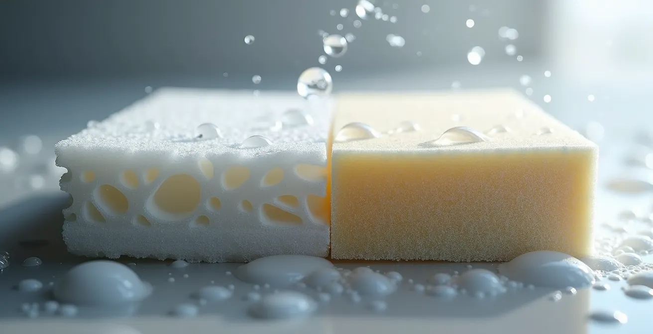 Nahaufnahme von Quick Dry Foam Struktur im Vergleich zu herkömmlichem Schaumstoff, der Feuchtigkeit aufsaugt.