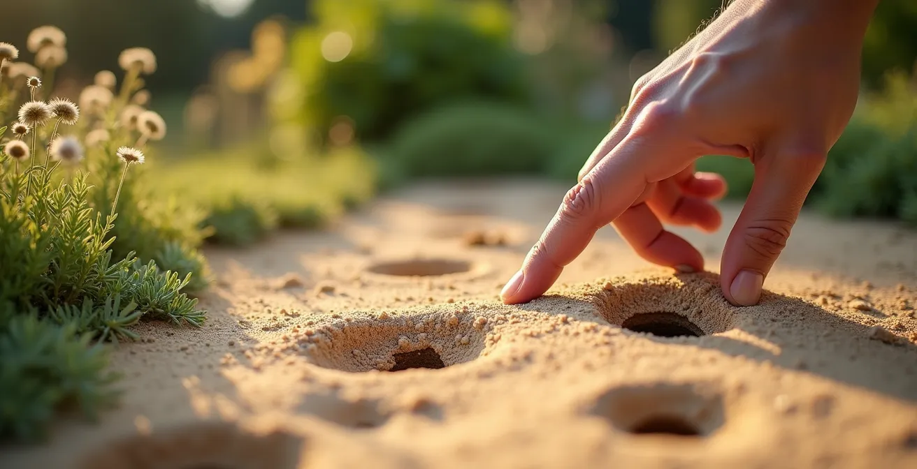 Ein gezielt angelegtes Sandarium in einem Garten, in dem Wildbienen in kleinen Löchern im Sand nisten.