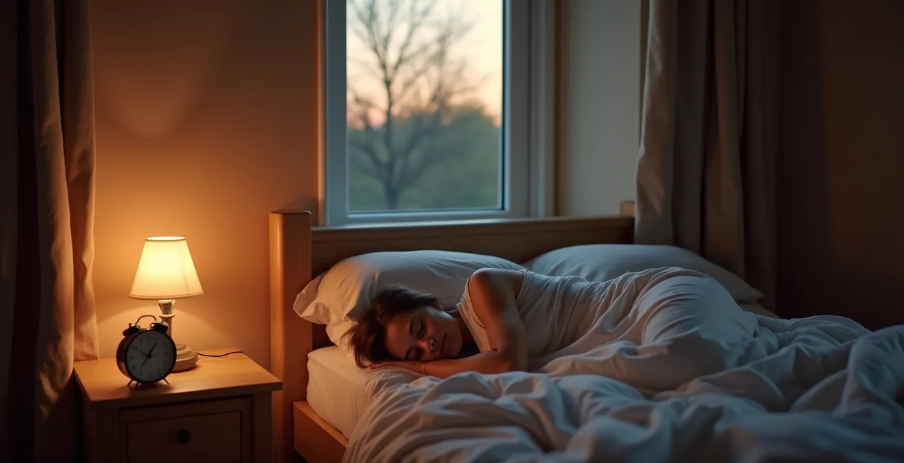 Ein ruhiges, natürlich eingerichtetes Schlafzimmer bei Dämmerung, das eine elektrosmogfreie Umgebung symbolisiert.