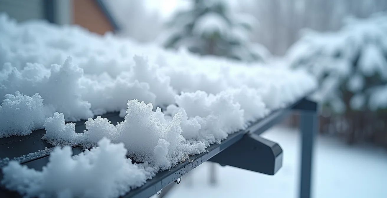 Makroaufnahme von Schnee auf Pergola-Lamellen mit sichtbarer Gewichtsbelastung