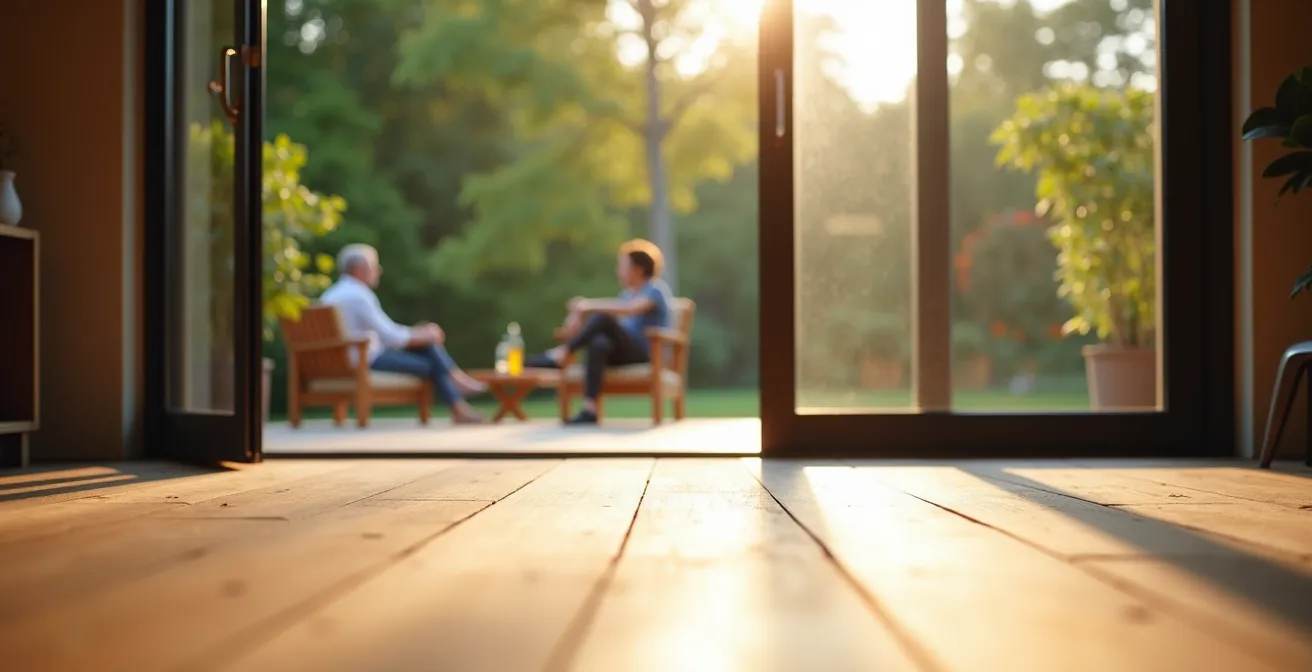 Nahtloser Übergang zwischen Wohnzimmer und Terrasse mit bodentiefen Glasschiebetüren, die den Innen- und Außenbereich optisch verbinden.