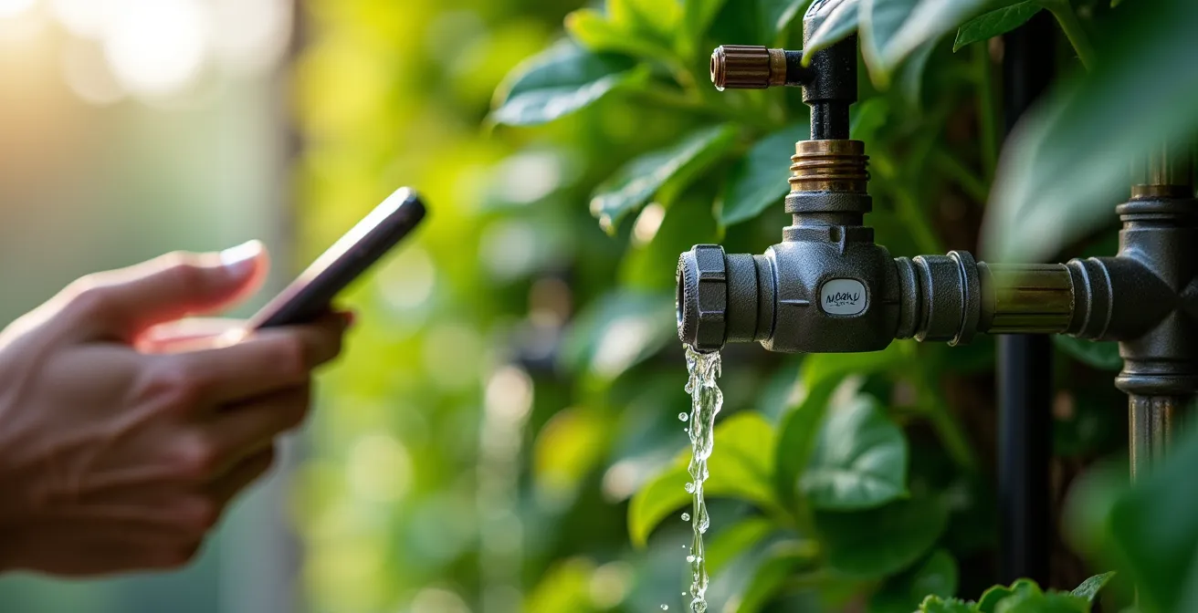 Nahaufnahme eines automatischen Bewässerungssystems für eine Living Wall mit App-Steuerung auf einem Smartphone
