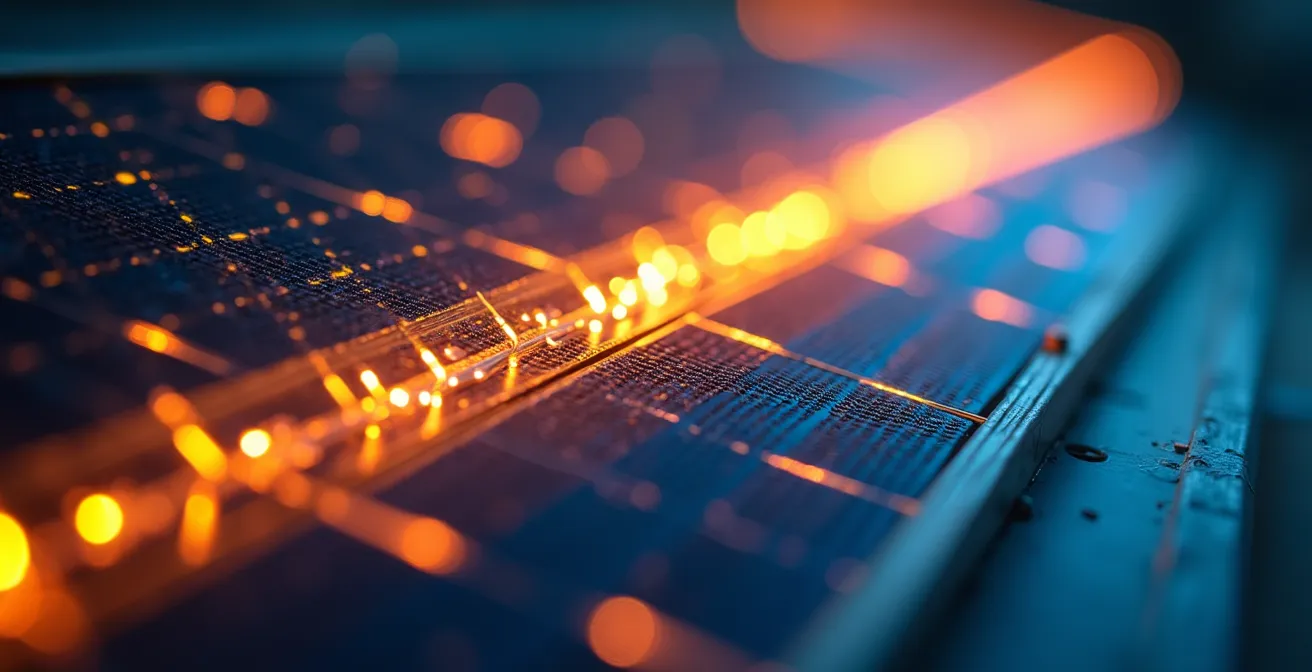 Energiefluss zwischen Solarpanel, Wärmepumpe und Hausbatterie visualisiert durch Lichtströme