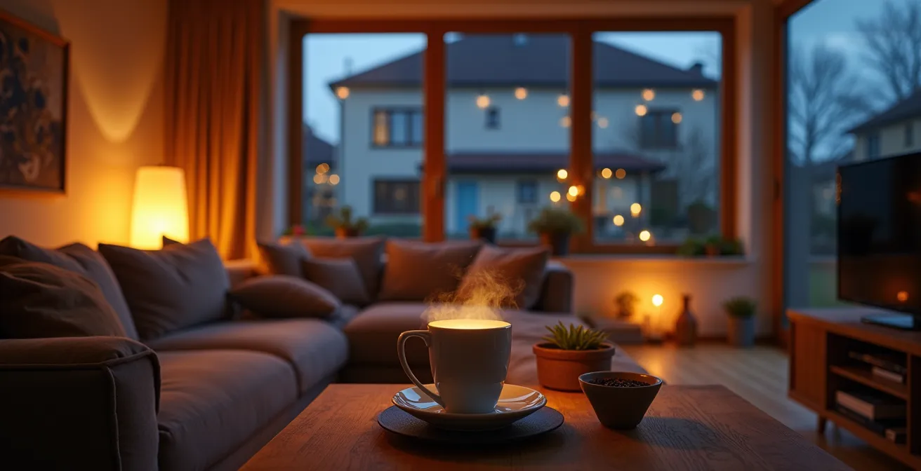 Modernes Wohnzimmer mit automatisierter Beleuchtung und Smart-Home-Steuerung bei Dämmerung