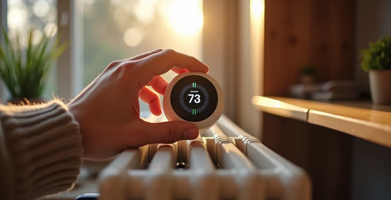 Nahaufnahme eines modernen smarten Thermostats an einem Heizkörper