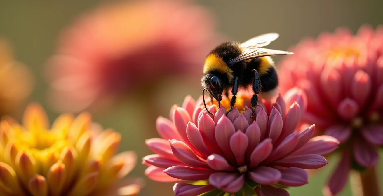 Nahaufnahme von Herbst-Sedum mit Hummelkönigin auf rosa-roten Blüten
