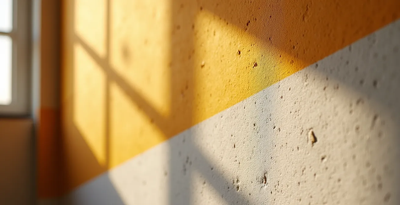 Makroaufnahme einer Q4-Spachteloberfläche unter Streiflicht mit sichtbarer Textur