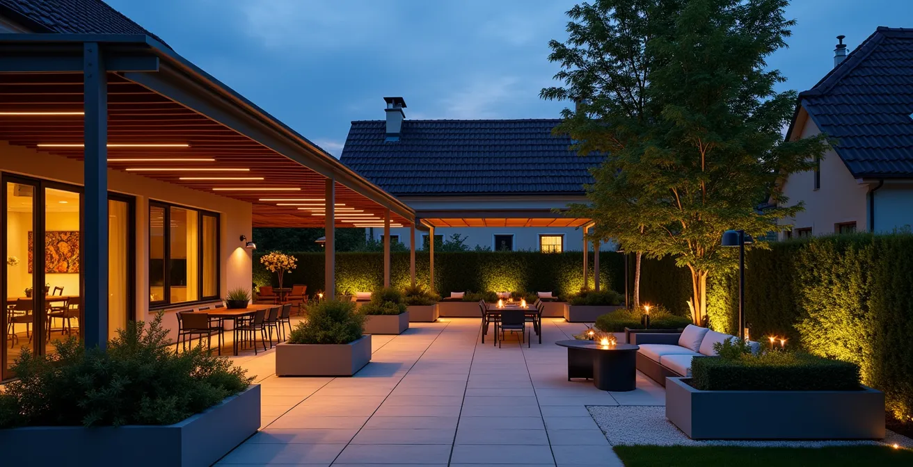 Stimmungsvolle Terrassenbeleuchtung mit verschiedenen warmen Lichtquellen, die in der Abenddämmerung eine gemütliche Wohnzimmer-Atmosphäre schaffen.