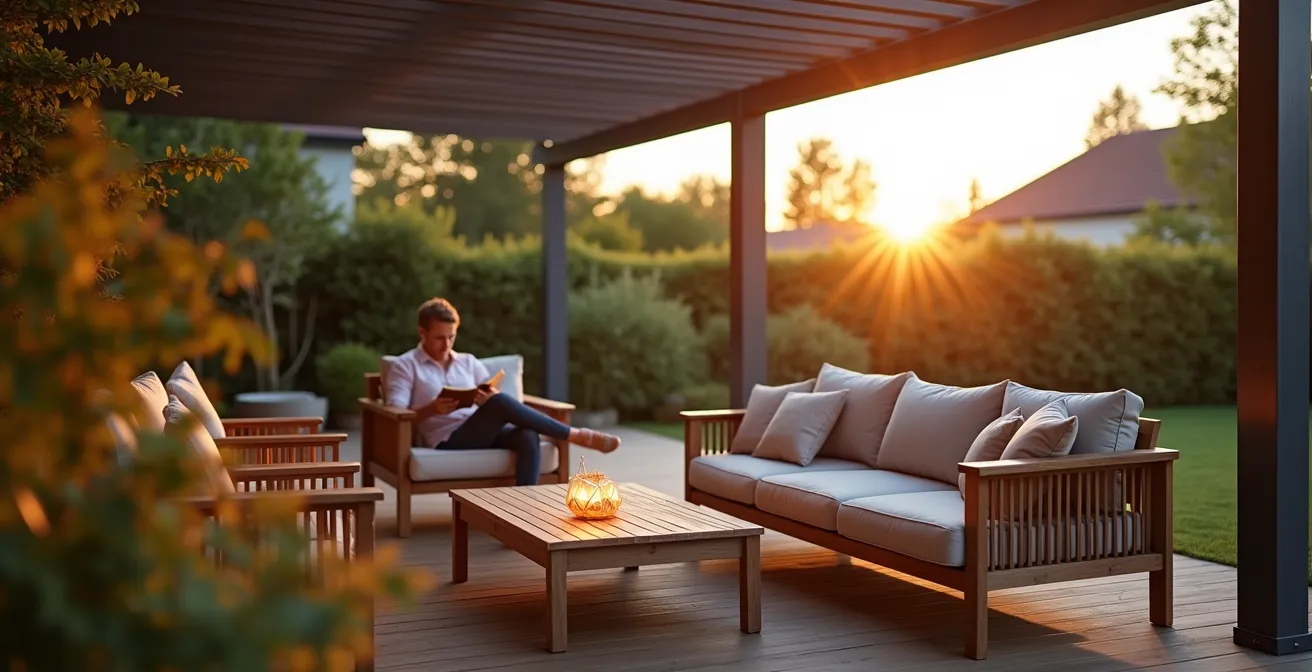 Gemütliche Terrasse unter Pergola mit Outdoor-Möbeln im deutschen Abendlicht
