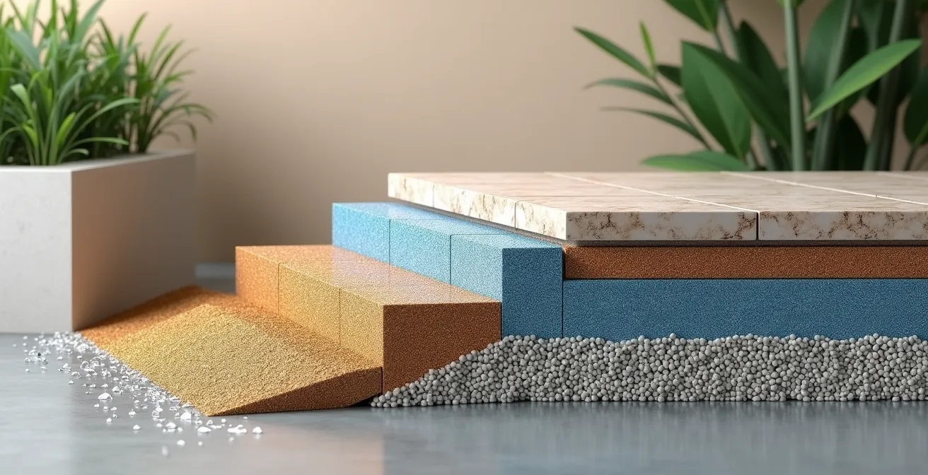 Querschnitt einer Terrasse mit korrekt angelegtem 2% Gefälle