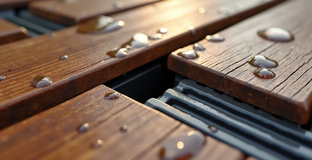 Detailaufnahme von Terrassenuntergrund mit korrekter Drainage und Luftzirkulation unter Möbeln