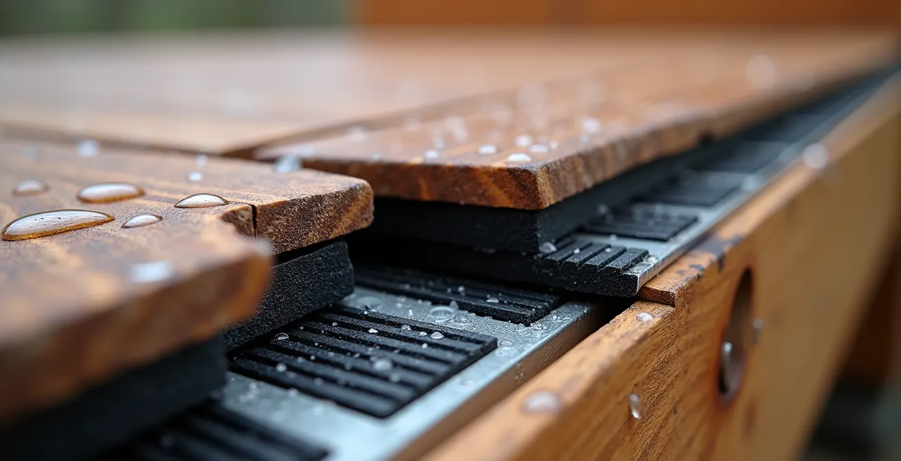 Detailaufnahme von Gummipads und Abstandshaltern zwischen Unterkonstruktion und Terrassendielen, die eine perfekte Hinterlüftung sicherstellen.