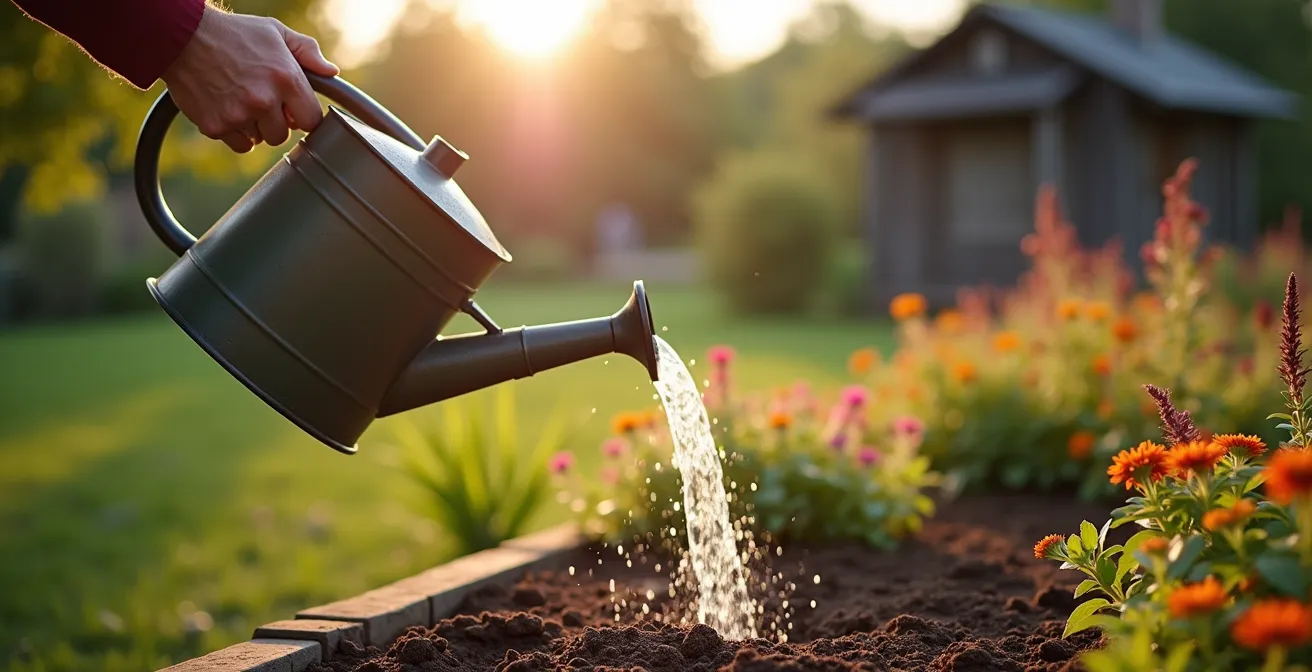 Seitliche Ansicht zweier Pflanzenwurzelsysteme: links flache Wurzeln durch tägliches Nippen, rechts tiefe Wurzeln durch seltenes, tiefes Gießen