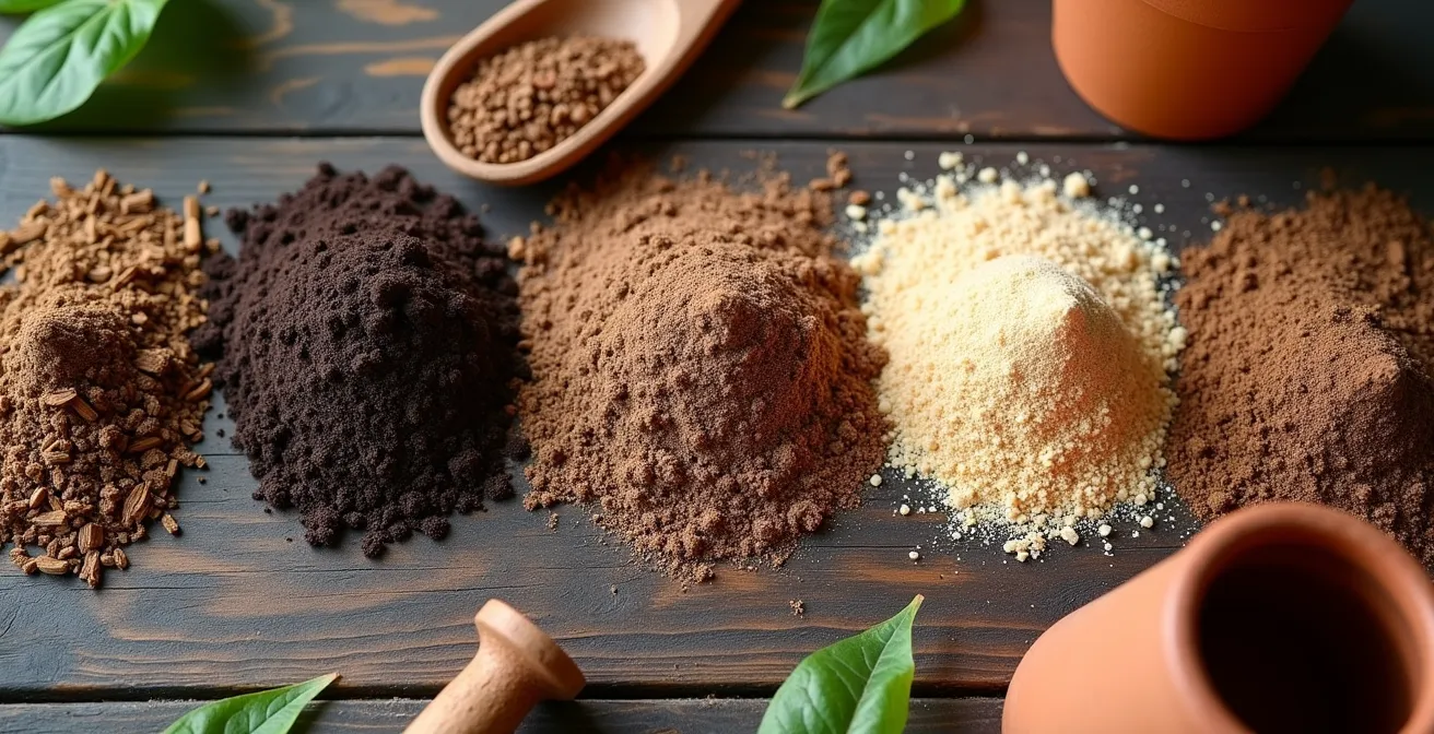 Verschiedene Komponenten zum Mischen torffreier Erde auf einem Gartentisch