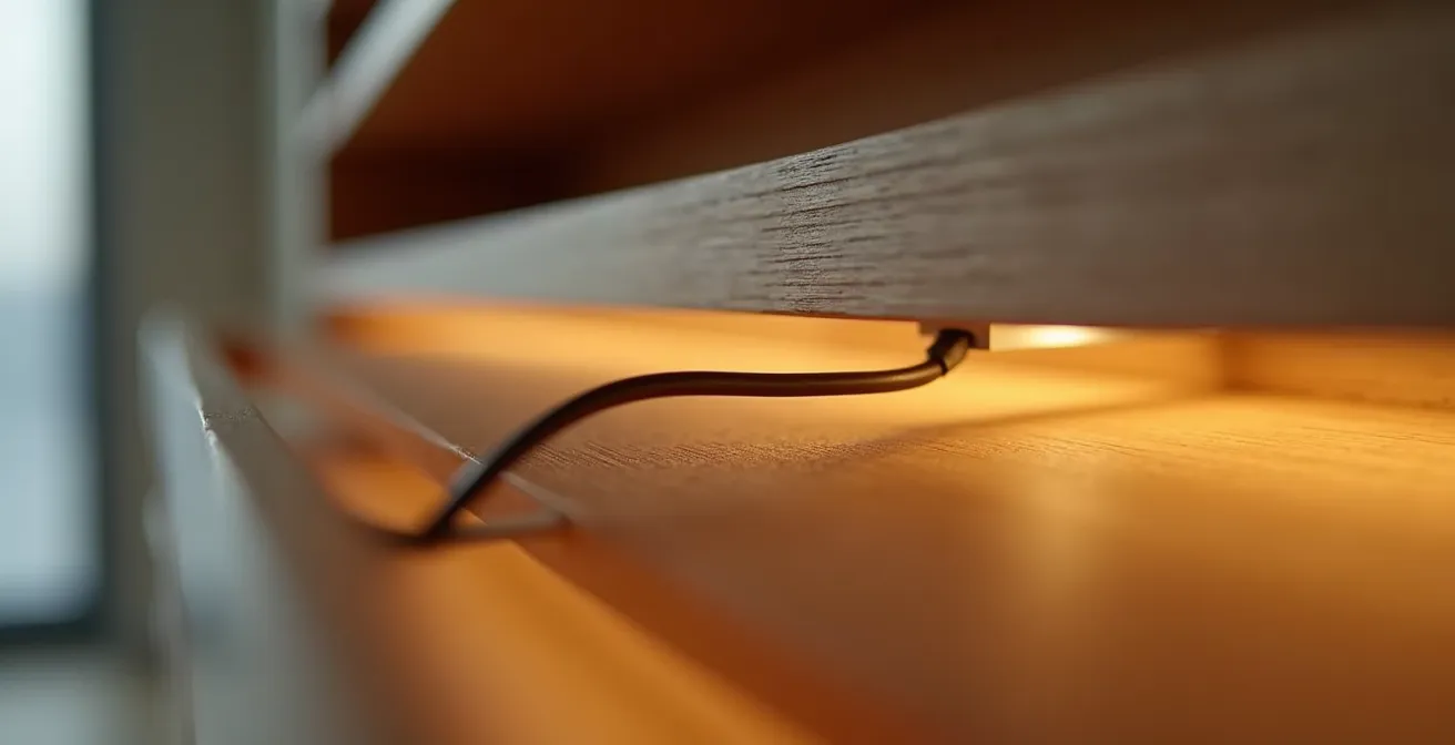 Nahaufnahme einer versteckten LED-Kabelführung in einem Regalboden mit gefräster Nut