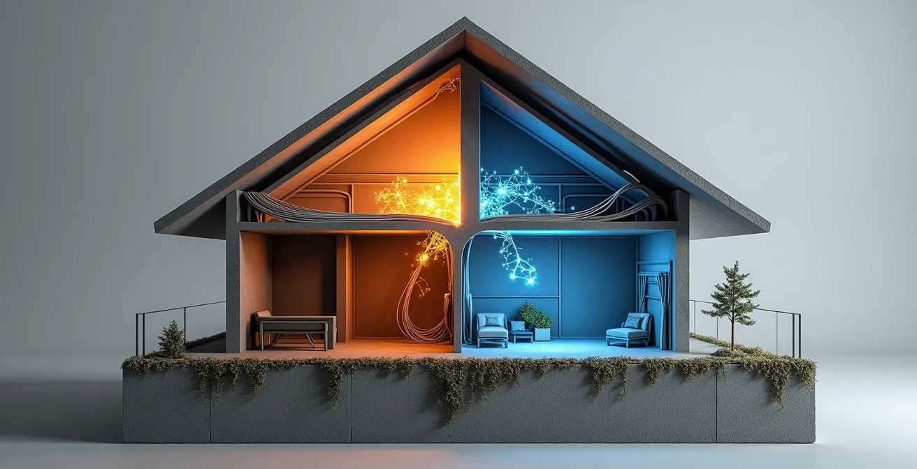 Querschnitt eines Hauses zeigt Unterschiede zwischen KNX-Verkabelung und Matter-Funkinstallation