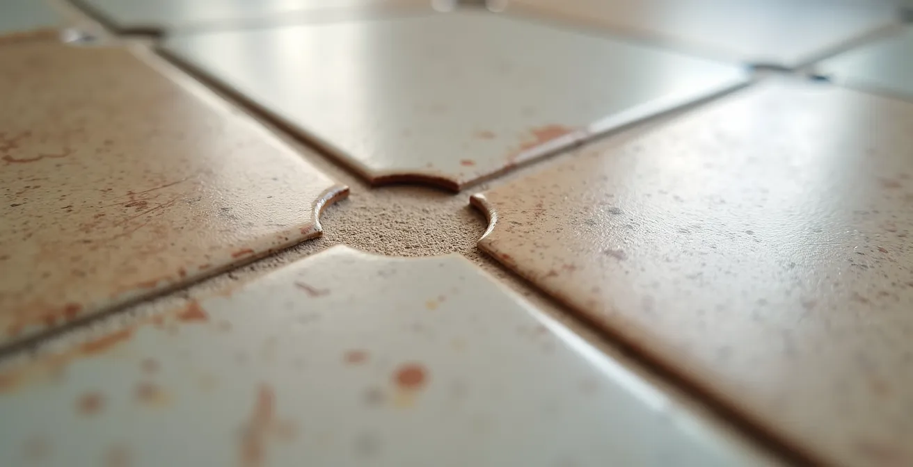 Nahaufnahme von Vinylboden über Fliesenfugen mit sichtbarer Durchzeichnung