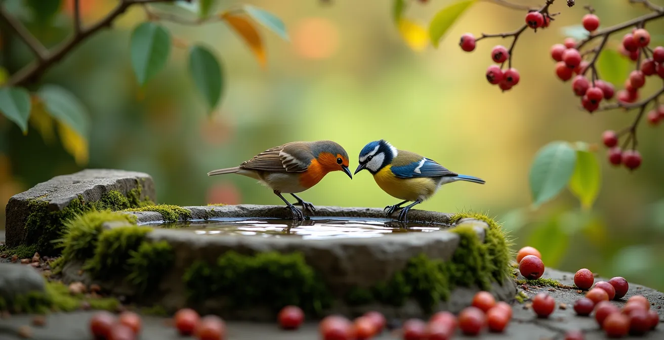 Gartenvögel an einer naturnahen Wasserstelle umgeben von beerentragenden Sträuchern