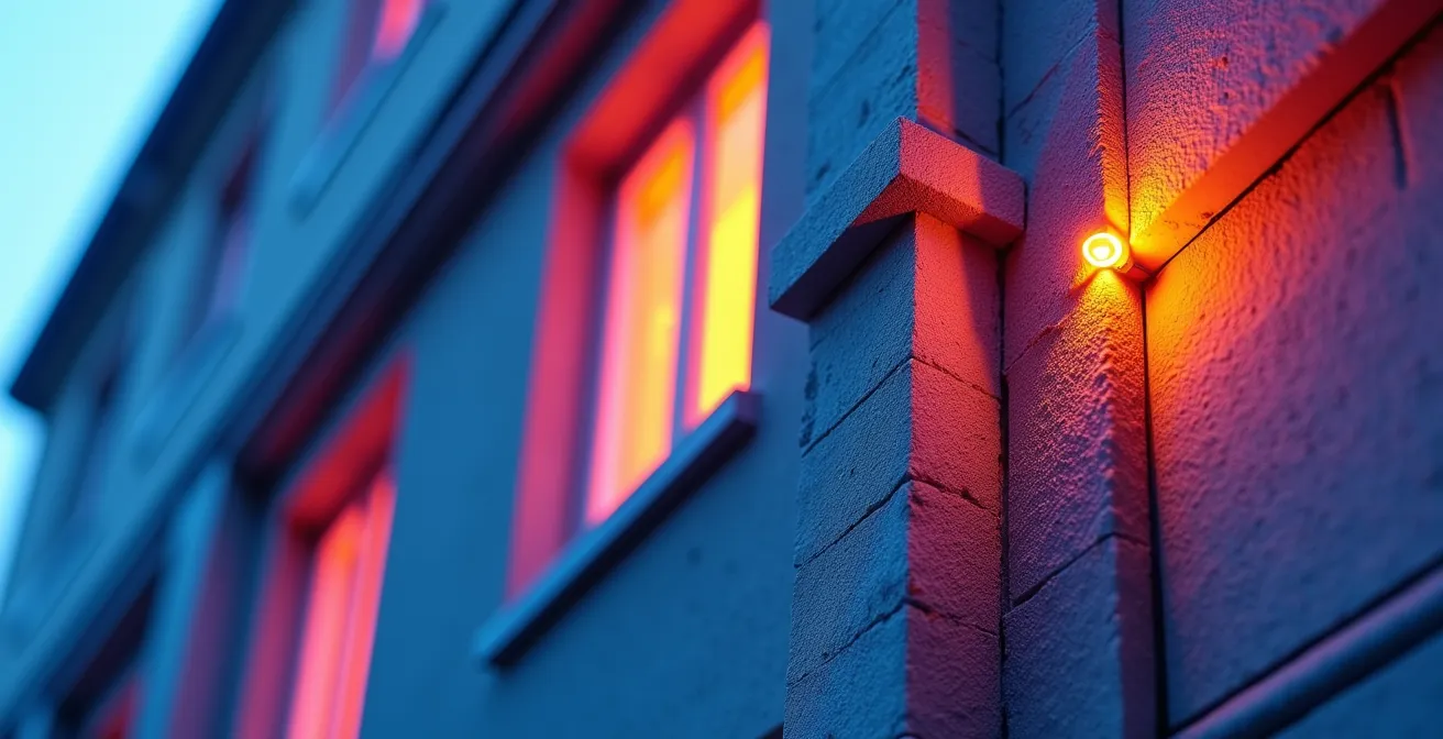 Thermografische Aufnahme eines deutschen Altbaus mit sichtbaren Wärmebrücken
