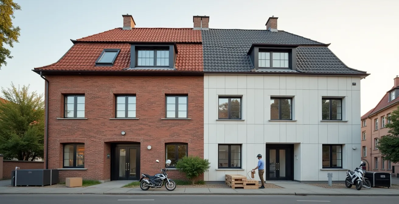 Querschnitt eines sanierten Altbaus zeigt verschiedene Dämmebenen von Dach bis Keller