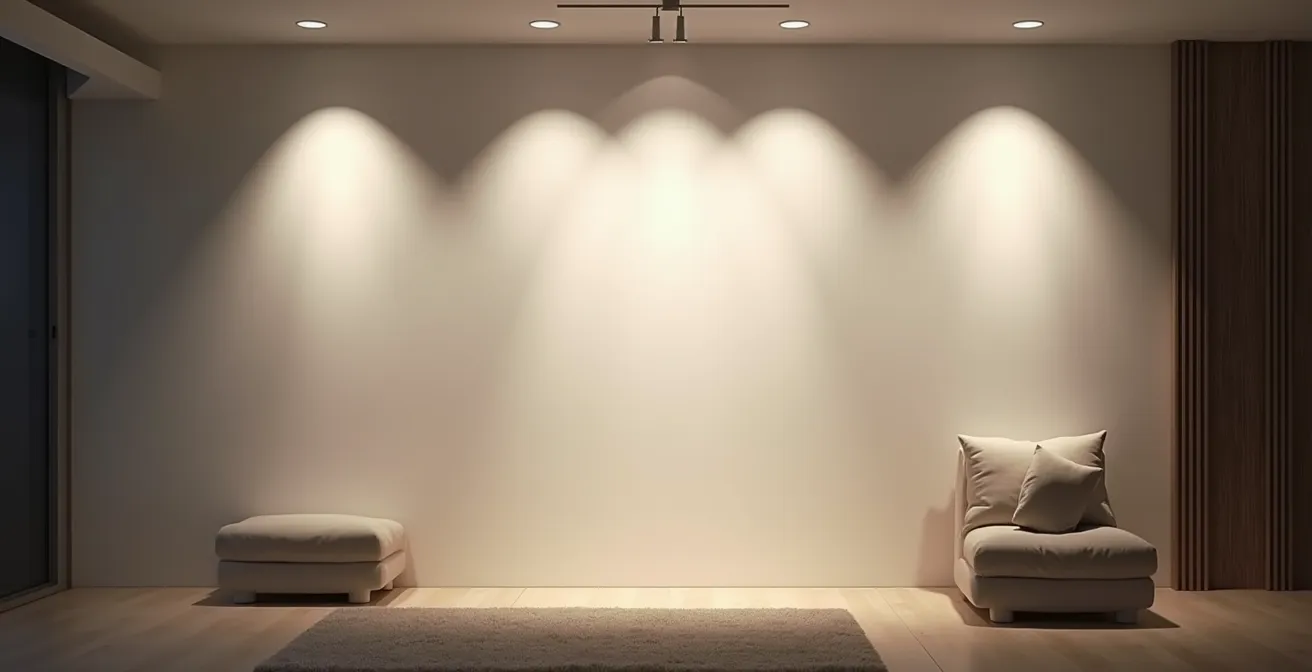 Demonstration der Wall-Washing-Technik mit LED-Strahlern an einer hohen Wohnzimmerwand