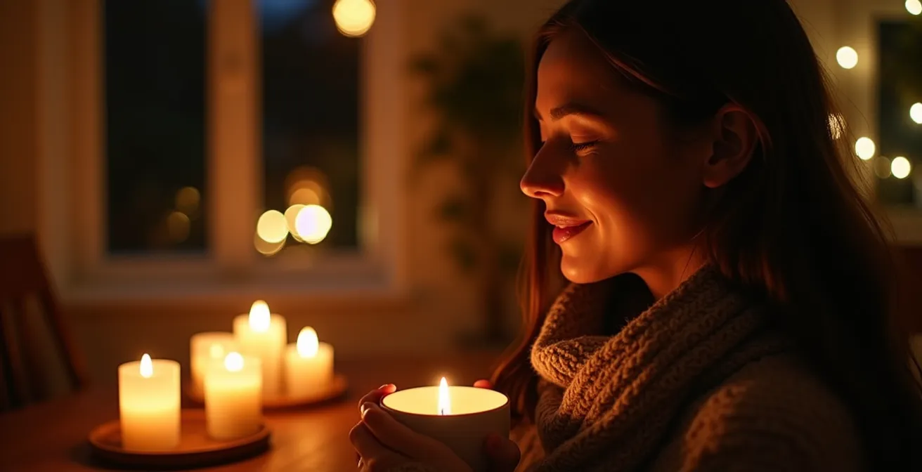 Eine Person entspannt in einer gemütlichen Abendstimmung, die ausschließlich durch das warme, flackernde Licht mehrerer Kerzen erzeugt wird.