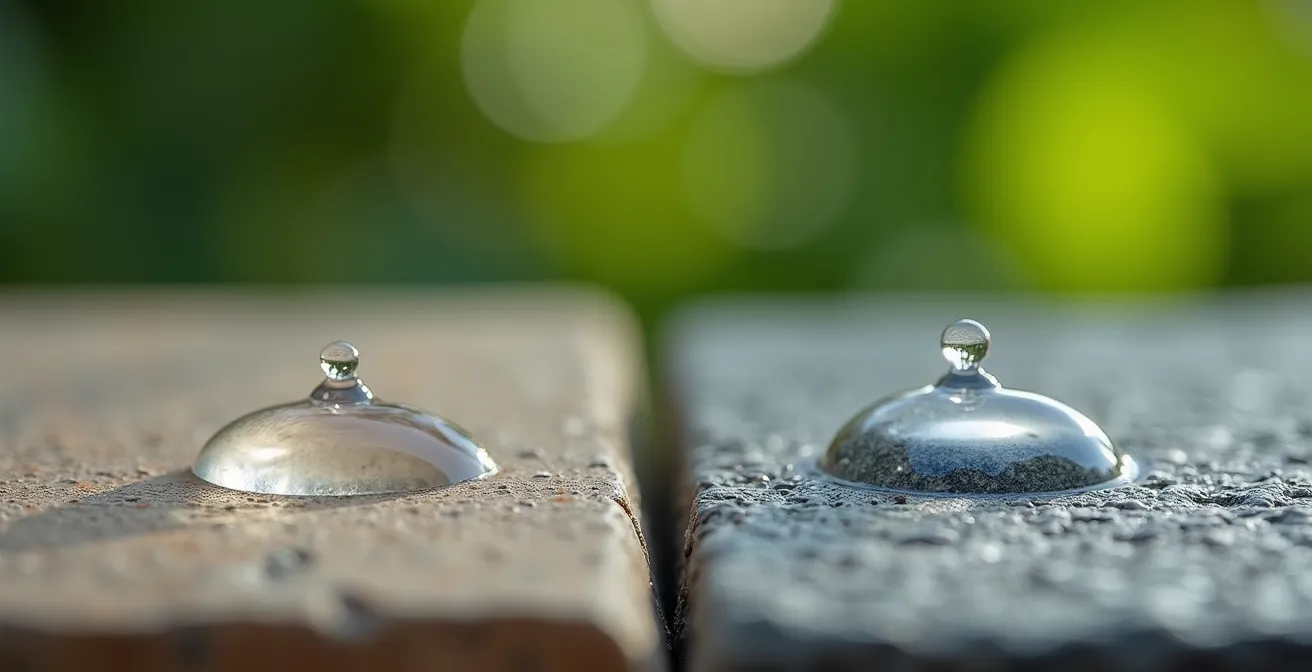 Makroaufnahme des Wassertropfen-Tests: links saugt der unbehandelte Stein das Wasser auf, rechts perlt es auf der imprägnierten Oberfläche perfekt ab.