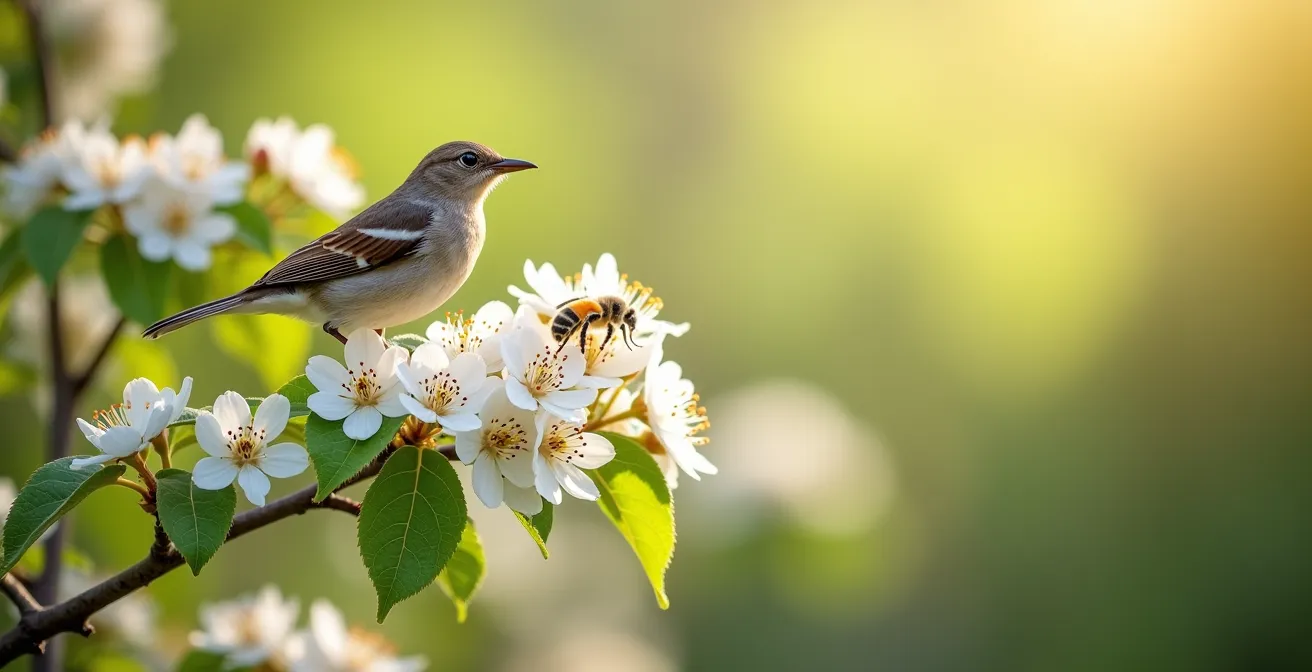 Ein blühender Weissdornstrauch, belebt von einer Vielzahl von Insekten und einem kleinen Singvogel, der zwischen den weissen Blüten sitzt.