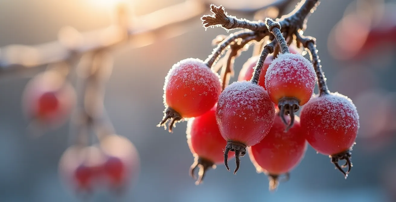 Nahaufnahme von leuchtend roten Hagebutten einer Wildrose, die mit Raureif bedeckt sind und Vögeln im Winter als Nahrung dienen.