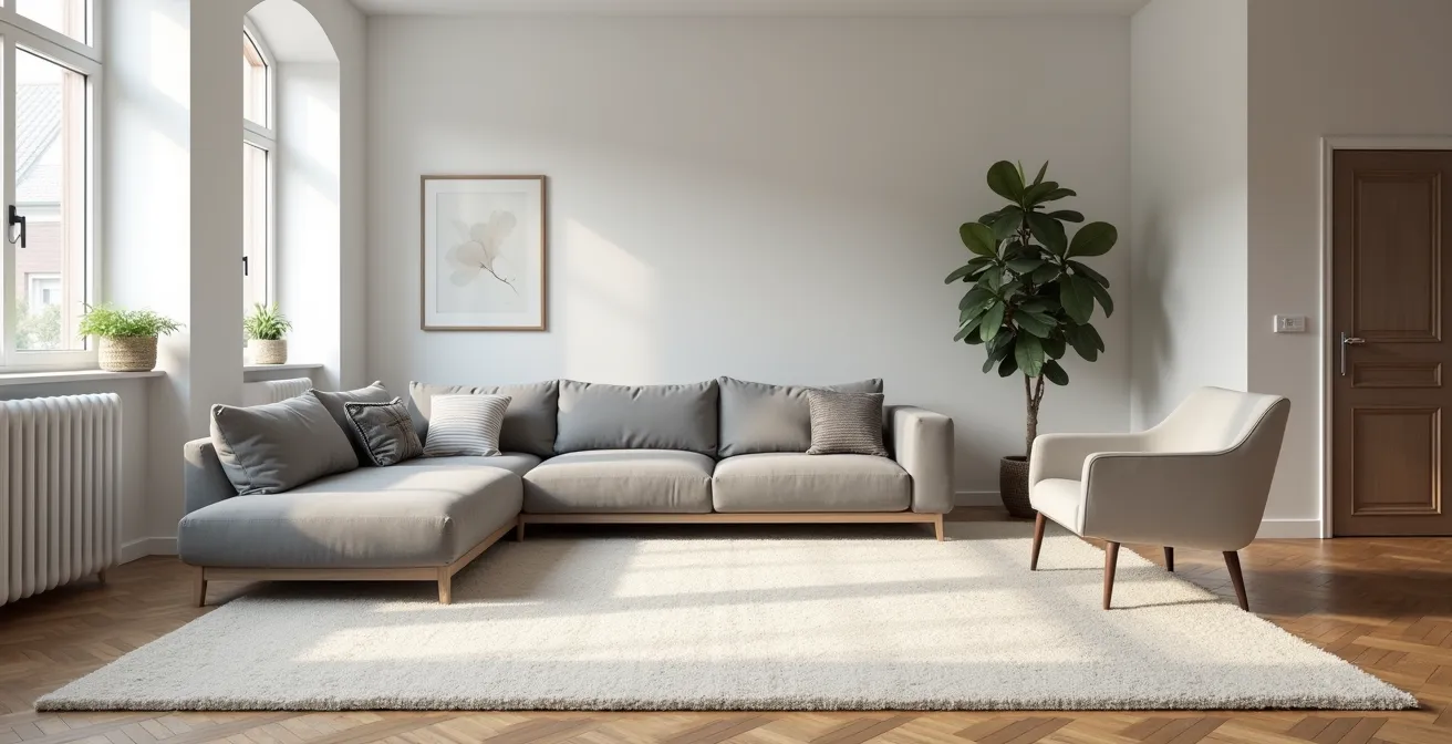 Wohnzimmer mit perfekt proportioniertem Hochflorteppich unter Sofagruppe