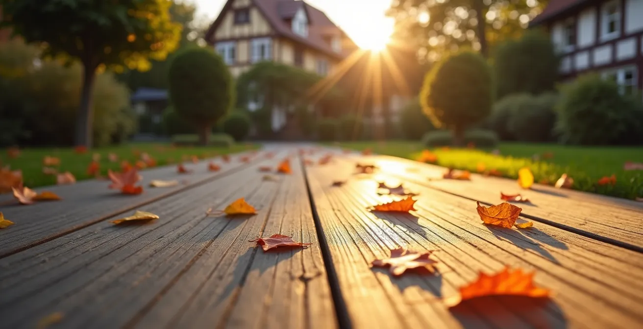 Zeitlicher Verlauf der WPC-Farbveränderung, der zeigt, wie eine dunkle Diele über mehrere Monate zu einem helleren, stabilen Endfarbton reift.