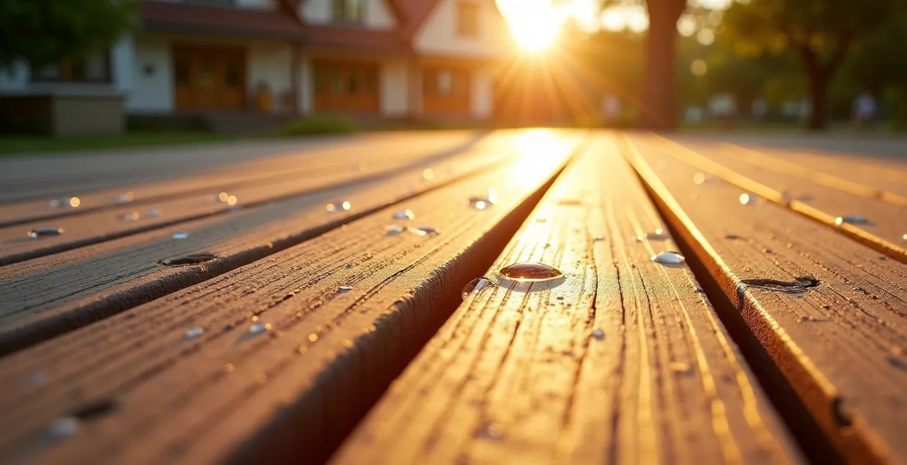 Thermografische Darstellung verschiedener Terrassenmaterialien bei Sonneneinstrahlung, die zeigt, dass dunkles WPC deutlich heißer wird als helles WPC oder Holz.