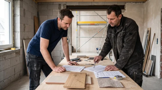 Bauherr und Handwerker prüfen gemeinsam Bauvertragsunterlagen auf Küchentisch mit Taschenrechner und Materialmustern in deutschem Wohnhaus