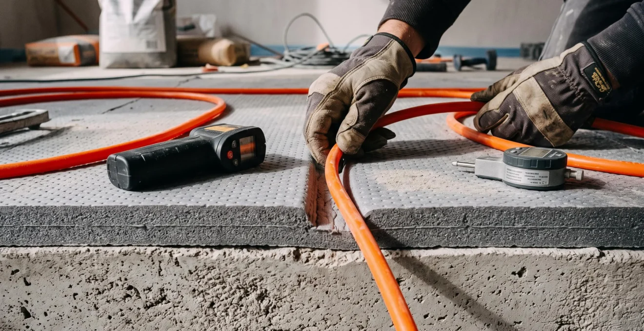 Nahaufnahme einer Fussbodenheizungs-Installation auf Dämmunterlage im Querschnitt, mit sichtbaren Heizungsrohren, Isolierschicht und Messwerkzeugen auf einer Baustelle