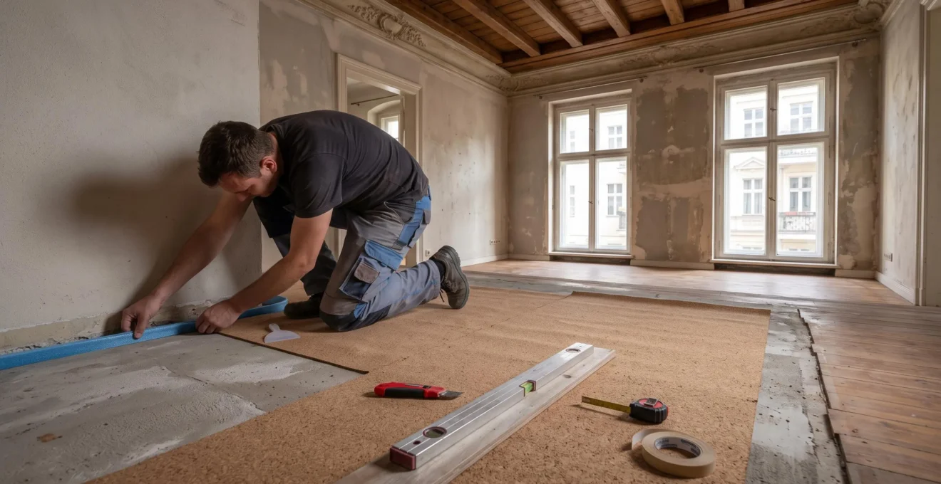 Handwerker bei der fachgerechten Montage eines Randdämmstreifens an der Wand-Boden-Verbindung in einer Altbauwohnung während der Bodensanierung, mit sichtbarer Holzbalkendecke und ausgerollter Kork-Dämmunterlage